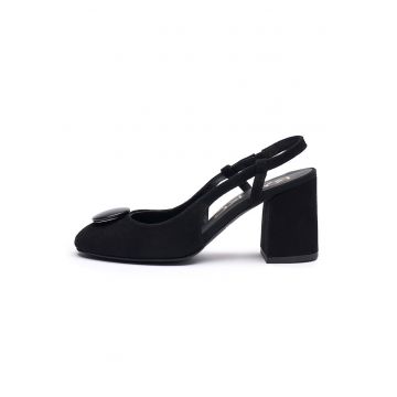 Pantofi slingback din piele intoarsa cu detaliu pe partea din fata - Negru