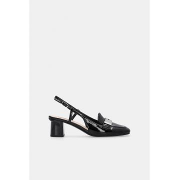 Pantofi slingback din piele lacuita cu varf patrat - Negru