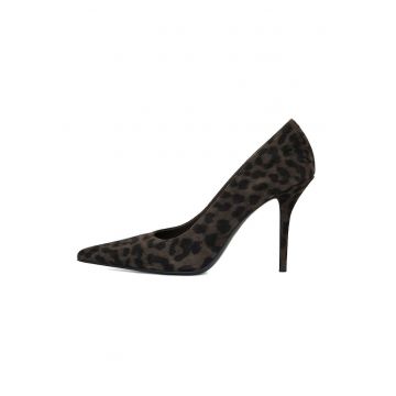 Pantofi stiletto de piele intoarsa cu animal print - Negru stins/Maro pamantiu
