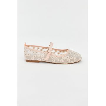 Balerini Mary Jane cu broderie florala - Roz somon