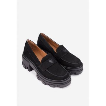 Pantofi dama negri din piele intoarsa cu ornament