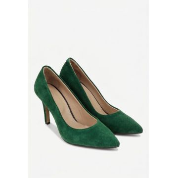 Pantofi dama NUR din piele intoarsa verde cu toc subtire