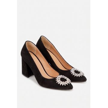 Pantofi dama NUR negri din piele intoarsa cu ornament