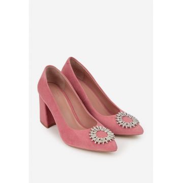 Pantofi dama NUR roz pudra din piele intoarsa cu ornament