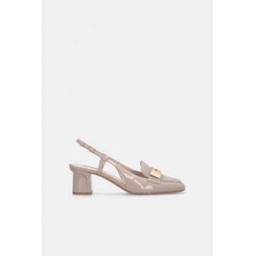 Pantofi slingback din piele lacuita cu varf patrat - Gri/Bej