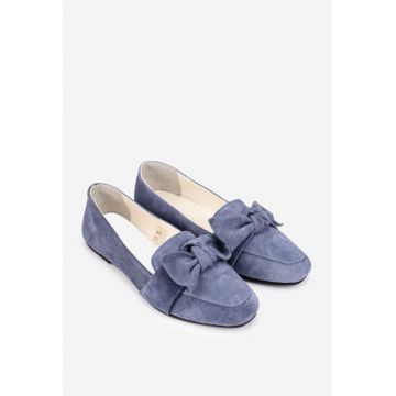 Balerini dama din piele intoarsa bleu cu funda