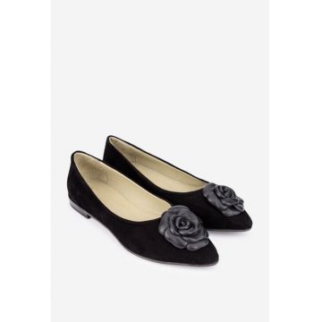Balerini dama  din piele intoarsa neagra cu floare