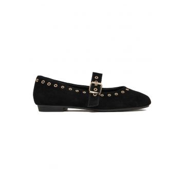 Balerini  piele naturala - negru - varf rotund - catarama -