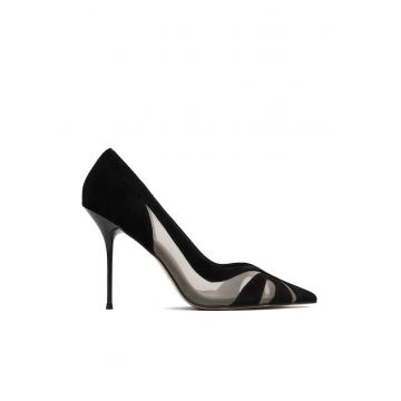 Pantofi dama -  toc ascutit - negru - textil -