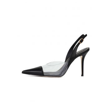Pantofi din piele cu varf ascutit si toc stiletto - Negru/Transparent