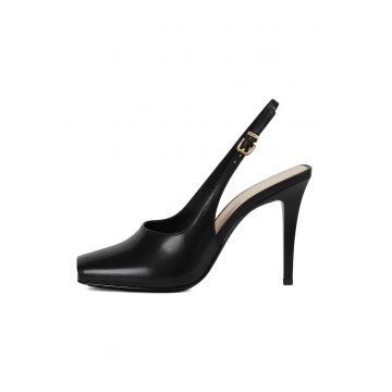 Pantofi slingback stiletto din piele cu varf patrat - Negru
