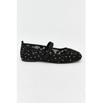 Balerini Mary Jane cu broderie florala - Negru