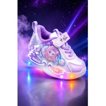 Pantofi cu luminite LED - Model Papusica cu invartitoare - Piele ecologica - Fete - Mov - Mov