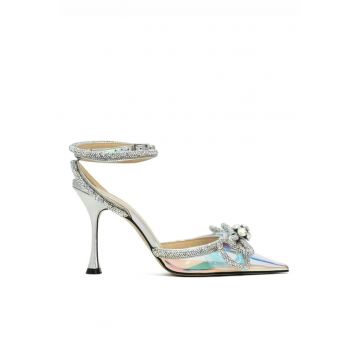 Pantofi dama -  Double Bow Swarovski Crystal 10cm Holographic - Argintiu/Transparent