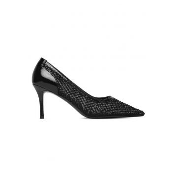 Pantofi dama -  toc ascutit - negru - textil -