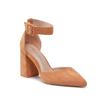 Pantofi dama -  toc bloc - cureaua glezna - maro - textil -