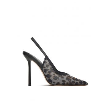 Pantofi dama -  toc stiletto - piele naturala - negru - detalii din plasa - motiv leopard