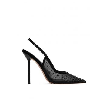 Pantofi dama -  toc subtire - decoratiuni cu zirconii - negru - textil si piele intoarsa