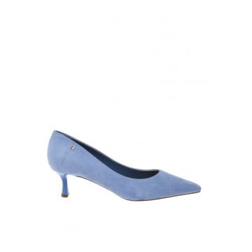 Pantofi de piele intoarsa cu toc kitten si varf ascutit - Albastru