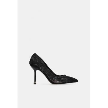 Pantofi din dantela cu varf ascutit si toc stiletto - Negru