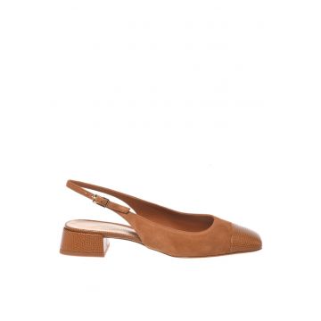 Pantofi din piele si piele intoarsa cu varf patrat - Maro