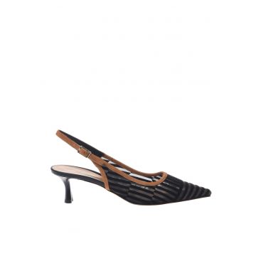 Pantofi slingback din piele intoarsa si plasa cu toc - Alb murdar