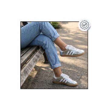 Pantofi Dama -  Samba JR0035 - Argintiu Metalizat - Stil Retro Streetwear - Talpa Anti-alunecare - Confort Zilnic - Marimea