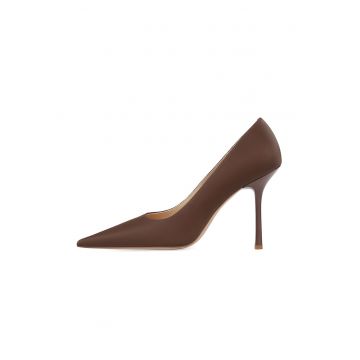 Pantofi stiletto de piele cu varf ascutit - Maro inchis